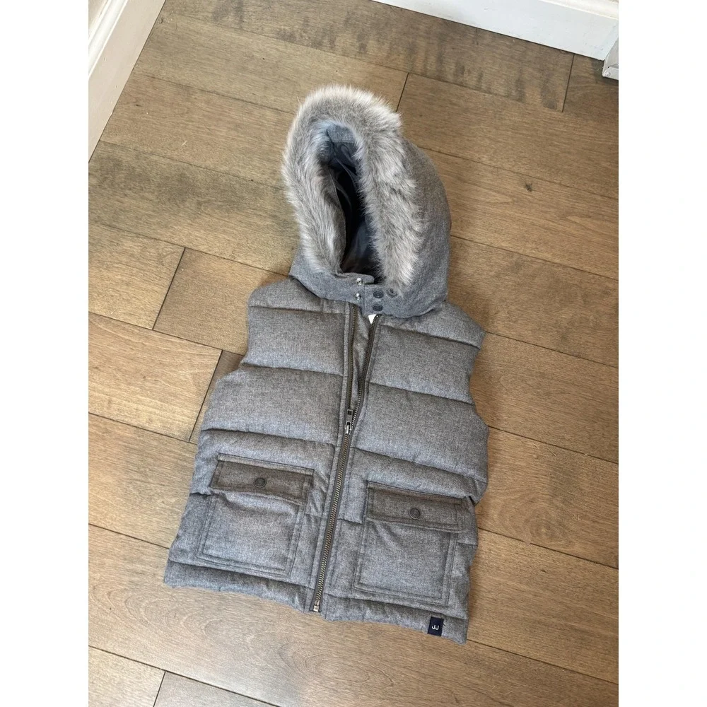 Janie And Jack Vest Girls 3-4 Gray Puffer Hooded Faux Fur Winter‎ Warm Cozy